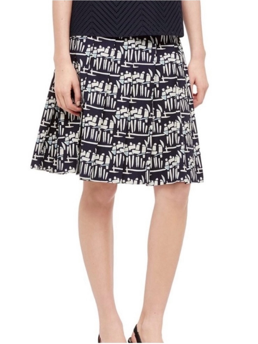 Tory Burch Figurines Pleated Skirt A-Line Abstract Geo Print Poplin Cotton Blue